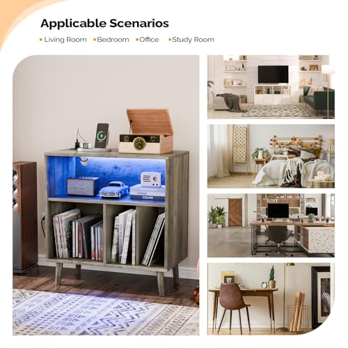 VINGLI Record Player Stand with Open Vinyl Storage, Mid-Century Album Storage Table with LED Light up to 300 Albums, Vinyl Record Player Shelf with Power Outlet for Living Room, Grey Oak VINGLI