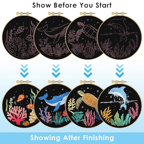 ERKOON 4 Set Embroidery Kit for Beginners, Cross Stitch Set Include Embroidery Cloth Hoops Threads for Craft Lover Hand Stitch with Embroidery Skill Techniques (Marine Animals) ERKOON