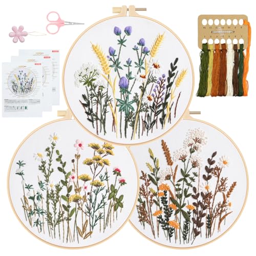 RidaaFri Embroidery Kit for Beginners, Set of 3 Flower Pattern DIY Kits for Adults & Starter, Hand Embroidery Practice Kit with Step-by-Step Guide & Video Tutorial, Includes Hoop, Needles, Floss