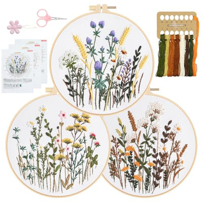 RidaaFri Embroidery Kit for Beginners, Set of 3 Flower Pattern DIY Kits for Adults & Starter, Hand Embroidery Practice Kit with Step-by-Step Guide & Video Tutorial, Includes Hoop, Needles, Floss