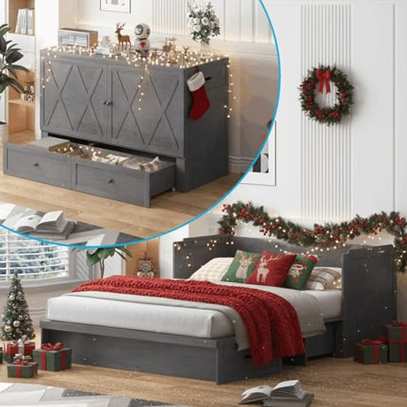 PUREMIND Murphy Bed Queen with Tri-Fold Mattress, Modern Murphy Cabinet Bed with USB Charging Station & Large Storage Drawer, Space-Saving Full Foldable Platform Bed for Guest Bedroom (Gray) PUREMIND