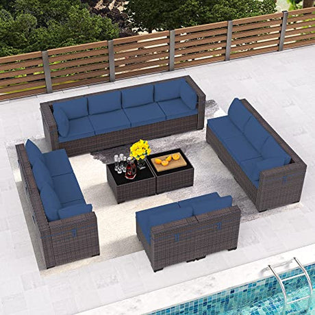 RTDTD Outdoor Patio Furniture Set, 14 Pieces Outdoor Furniture All Weather Patio Sectional Sofa PE Wicker Modular Conversation Sets with Coffee Table,12 Chairs & Seat Clips(Dark Blue) RTDTD
