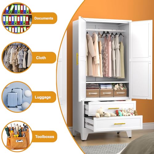 Anewome 71" Metal Armoire Wardrobe Closet with 2 Drawers, Freestanding 2-Door Tall Clothing Storage with Adjustable Shelves and Hanging Rod for Bedroom Dorm, White Anewome