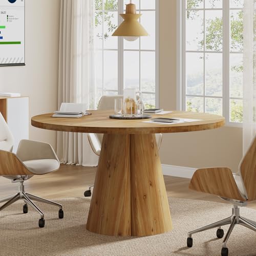 TRIBEWOOD 47.24" Solid Wood Conference Table, Rustic Round Meeting Table with Wooden Pedestal Base for 4-6 People, Small Seminar Table for Break Room, Office, Office Desk, Easy Assembly TRIBEWOOD