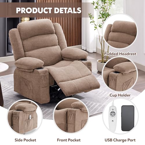 Rocker Recliner Chair with Heat and Massage, 360° Swivel Nursery Rocking Chairs for Adults, Oversized Recliner Single Sofa Seat with Cup Holders, Lazy Boy Recliner Single Sofa (Manual, Brown)