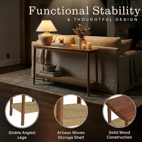 Alaterre Furniture Calais Living Room Collection – 48 Inch Solid Wood Entryway Table with Woven Storage Shelf – Mid Century Modern 2-Tier Sofa Table for Living Room, Hallway, or Foyer (Warm Chestnut) Alaterre Furniture