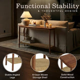 Alaterre Furniture Calais Living Room Collection – 48 Inch Solid Wood Entryway Table with Woven Storage Shelf – Mid Century Modern 2-Tier Sofa Table for Living Room, Hallway, or Foyer (Warm Chestnut) Alaterre Furniture
