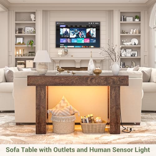 Unikito 47" Entryway Table with Socket and Sensor Light, Narrow Console Table with Storage Behind Couch, Farmhouse Entry Way Tables with Open Storage for Entrance/Hallway/Living Room, Rustic Oak Unikito