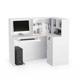 OmySalon Modern Reception Desk, L-Shaped Front Desk with Moveable Shelves and Lockable Drawers, Retail Checkout Counter Table, for Lobby Beauty Salon Office, White (55.9" W x 18.9" D x 48" H) OmySalon