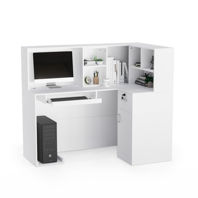 OmySalon Modern Reception Desk, L-Shaped Front Desk with Moveable Shelves and Lockable Drawers, Retail Checkout Counter Table, for Lobby Beauty Salon Office, White (55.9" W x 18.9" D x 48" H)