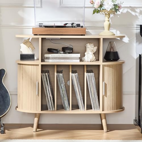LELELINKY Large Round Record Player Stand with Charging Station & Fluted Display Shelf, Natural Mid Century Modern Turntable Cabinet with Vinyl Storage, Arched Wood Record Player Table for Living Room LELELINKY