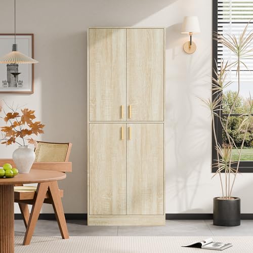 Cozy Castle Kitchen Pantry Cabinet, 71" Tall Wood Storage Cabinet with Doors and Shelves 4 Doors Freestanding Cupboard for Dining Room Living Room Bathroom Furniture, Whitewashed Oak Cozy Castle