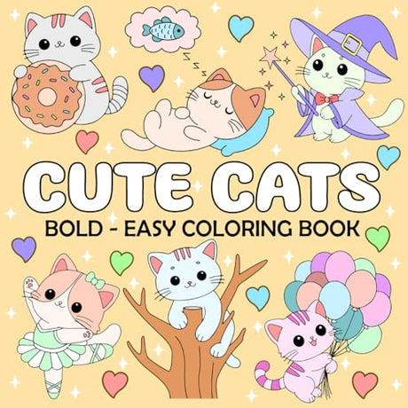 Cute Cats - Bold and Easy Coloring Book: 50 Fan & Simple Large Print Designs for Adults, Seniors and Kids to Relaxation (Simple Coloring Book) WoodArtSupply