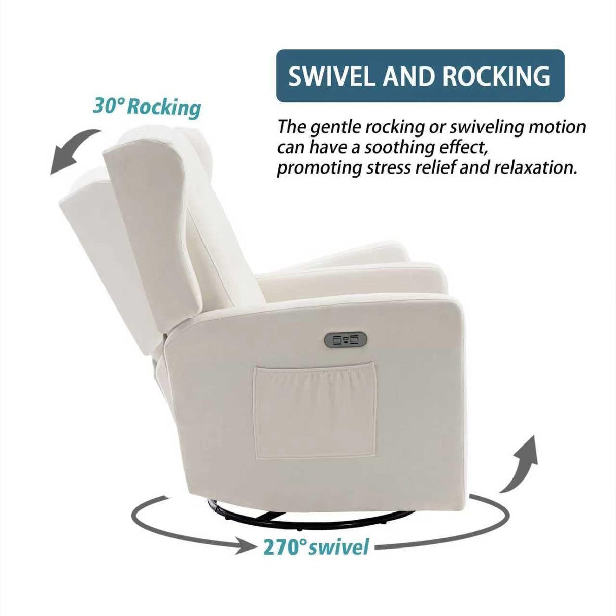 Ketaiyou Power Swivel Rocking Recliner Chair, High Back Electric Rocker Nursery Glider Chair, USB and Type-C Ports, Upholstered Fabric Reclining Single Sofa Chair for Living Room (Beige) Ketaiyou