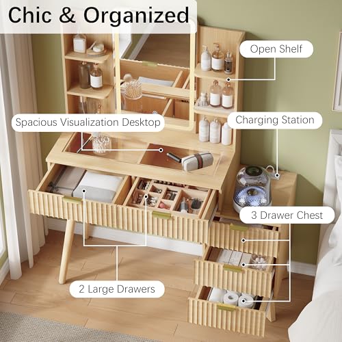 IAISRO 42'' Fluted Makeup Vanity Desk with LED Lights Mirror & Charging Station, Modern Glass Top Vanity Table with 5 Drawers & Open Shelves, Dressing Table for Bedroom, Living Room, Oak IAISRO