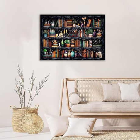 Bookshelf Stamped Cross Stitch Kits - Magical Book Counted Cross Stitch Kits for Beginners Adults Skull Needlepoint Cross-Stitch Patterns Dimensions Needlecrafts Embroidery Kits Arts and Crafts WUSARPLY