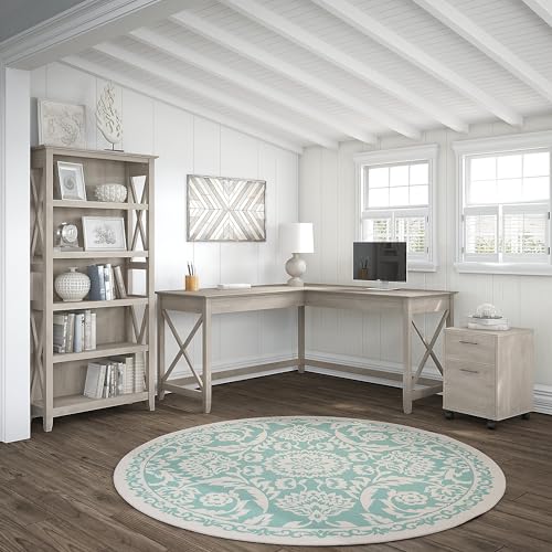 Bush Furniture Key West 60W L Shaped Desk Set with Mobile File Cabinet & Tall Bookcase in Washed Gray Bush Business Furniture