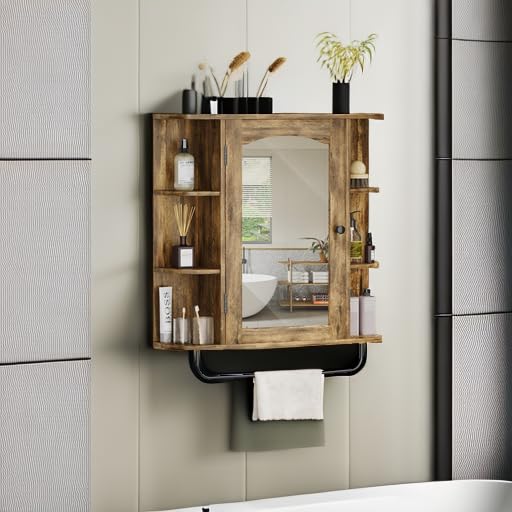 YITAHOME Bathroom Cabinet Medicine Cabinet Organizer, Wall Mounted Cabinet with Mirror Door and Removable Shelf for Bathroom Living Room Laundry Bedroom, Brown YITAHOME