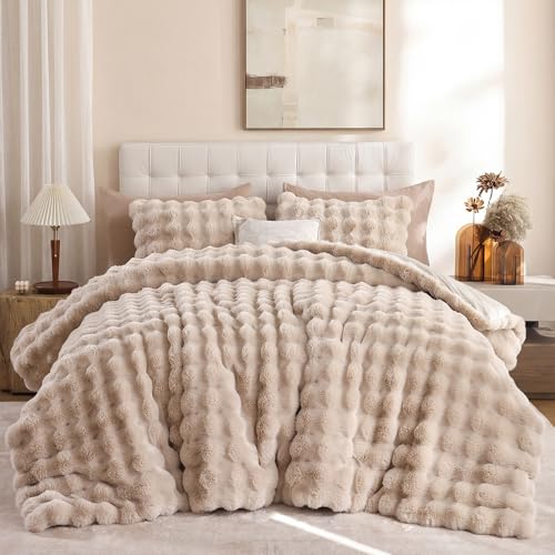 YIKUSH Linen Comforter Set Full - Luxurious Faux Fur Comforter for Winter, Fluffy Comforter Queen Set with 2 Pillowcases, Soft Warm Linen Bedding Set YIKUSH