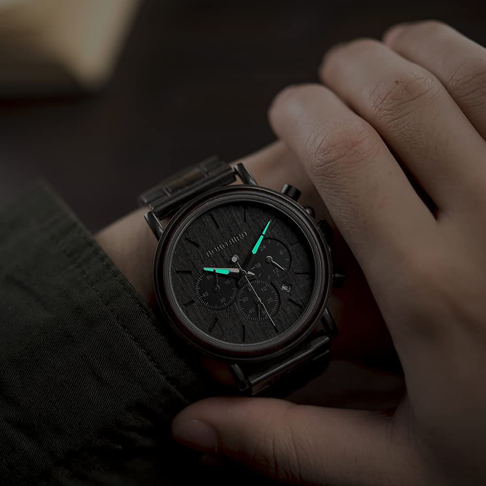 BOBO BIRD Mens Wooden Watches Business Casual Wristwatches Stylish Ebony Wood & Stainless Steel Combined Chronograph BOBO BIRD