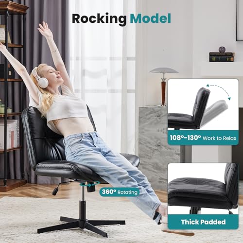 OLIXIS Criss Cross Chair Without Wheels, Cross Legged Office Chair, Armless Wide Vanity Desk Chair with Comfy PU Leather& Back - Swivel for Home Office Bedroom, Black OLIXIS