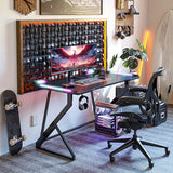 TIQLAB Gaming Desk with LED Lights, 47 Inch Computer Desk for Home Small Space, Gaming Table with Carbon Fiber Surface, PC Gamer Desk for Kids Boys Men, Black TIQLAB