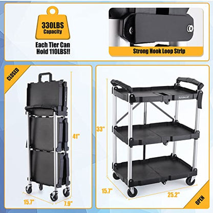 FUTURELAB Portable Folding Service Cart - 3 Tier 330LBS Capacity - Rolling Cart Utility Cart Foldable Cart with Wheels for Warehouse Home Workshops - WoodArtSupply