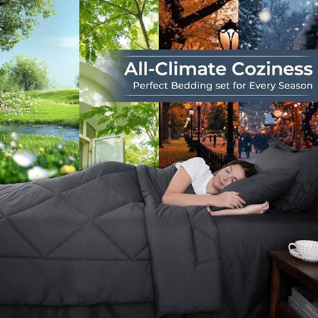 HEVUMYI Full Comforter Set - 7-Piece All Season Bed in a Bag Full, Ultra Soft Bedding Set with Comforter, Flat Sheet, Fitted Sheet, Pillowcases, Pillow Shams, Dark Grey HEVUMYI