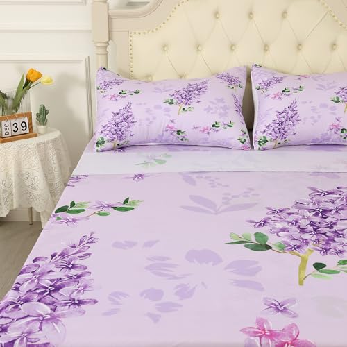 FUYEUN Floral Sheets Sets Queen Size 4 Pcs Flower Fitted Sheets Bedding for Women Girls Purple Lilac Modern Bed Sheets with 1 Flat & 2 Pillowcases FUYEUN