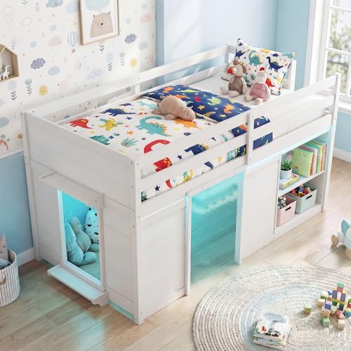 Giantex Loft Bed Twin Size with LED Lights, Wooden Low Bed Frames for Kids w/2 Doors, Under-Bed Play Space & Storage Bookcase, Modern Bedframe with Ladder & Safety Guardrail for Boys Girls (White) Giantex