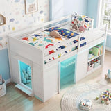 Giantex Loft Bed Twin Size with LED Lights, Wooden Low Bed Frames for Kids w/2 Doors, Under-Bed Play Space & Storage Bookcase, Modern Bedframe with Ladder & Safety Guardrail for Boys Girls (White) Giantex
