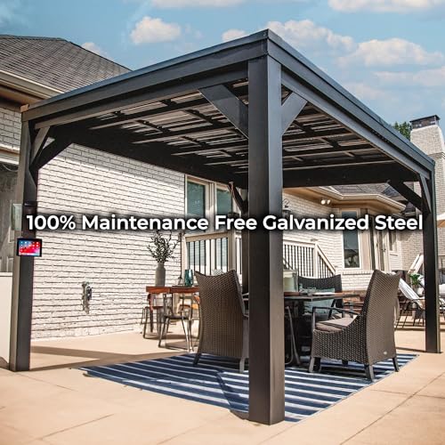 Backyard Discovery Stonebridge 12 ft. x 9 ft. 6 in. All Metal Steel Gazebo Pavilion with Slant Roof, Durable, Supports Snow Loads and Wind Speed, Rot Resistant, Backyard, Deck, Garden, Patio Backyard Discovery