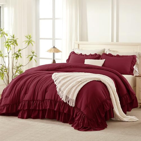 Andency Burgundy Ruffle Comforter Full Set, 3pcs Vintage Farmhouse Shabby Chic Bedding Comforter Set, Soft Lightweight Fluffy Bed Comforter Sets All Season Bedding Set Andency