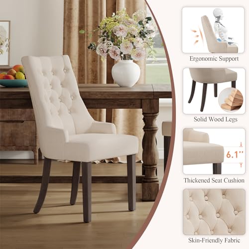 COLAMY Fabric Side Dining Chairs Set of 6, Wingback Upholstered Dining Room Chairs with Tufted Button, Living Room Chairs for Home Kitchen, Beige COLAMY