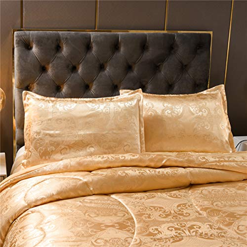 Raytrue-X Queen Comforter Set- Luxury Gold Silk Bed Set All Season Lightweight Quilt Soft Microfiber Bedding comforters & Sets Matching 2 Pillow Shams (Full/Queen, 3 Pieces, 88-by-88 inches) Raytrue-X
