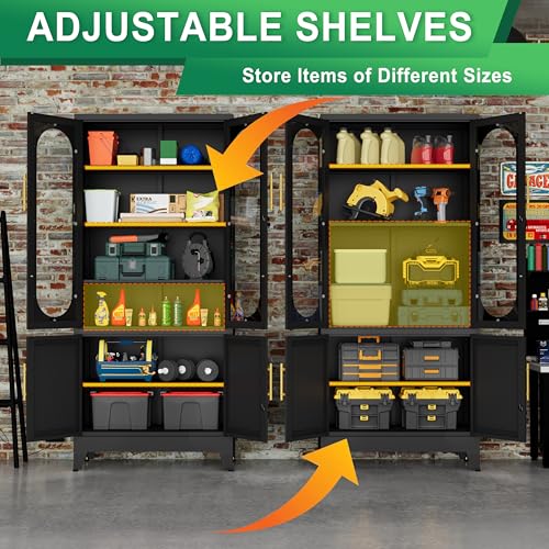 Lusiwry 71”H Metal Storage Cabinet with Lock Glass Doors and Shelves,Steel Garage File Cabinets, Kitchen Pantry Cabinet Tall Locker Organizer for Home, Office, Warehouse,Tool（Black） Lusiwry