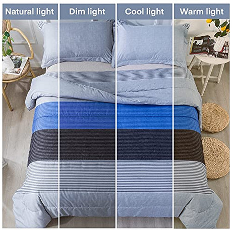 Andency Full Size Blue Comforter Set (79x90 Inch), 3 Pieces Gray and Blue Patchwork Striped Comforter, Soft Microfiber Down Alternative Comforter Bedding Set Bed in a Bag with Corner Loops Andency