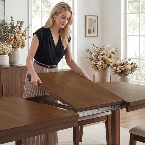 Farati 9-Piece Expandable Dining Table Set, 60"-80" Modern Wood Table with 8 Upholstered Chairs, Large Rectangular Extension Set for Dining Room, Conference & Entertaining, Walnut Farati