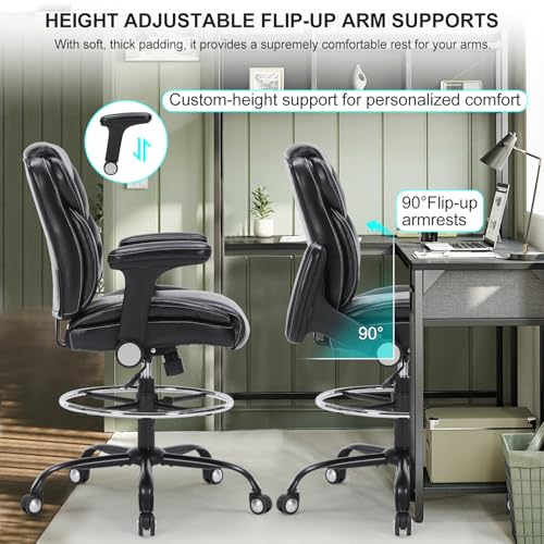 OLYFING Drafting Chair, Tall Office Chair with Adjustable Armrests PU Leather Standing Desk Chair with Adjustable Foot Ring,Comfy Mid-Back High Office Chair for Counter Height Desk, Black OLYFING