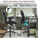 OLYFING Drafting Chair, Tall Office Chair with Adjustable Armrests PU Leather Standing Desk Chair with Adjustable Foot Ring,Comfy Mid-Back High Office Chair for Counter Height Desk, Black OLYFING