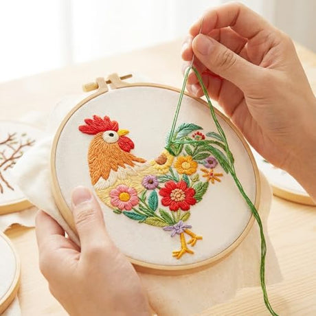 ElevateTech Funny Animal Embroidery Kits for Beginners Adults Cross Stitch Kits with Rooster and Flower Pattern DIY Needlepoint Starter Kit with Embroidery Cloth Hoops Threads for Craft Lover ElevateTech