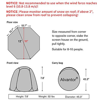 Alvantor Pop Up Bubble Tent - 12’ x 12’ Instant Igloo Tent - 8-10 Person Screen House for Patios - Large Oversize Weather Proof Pod - Cold Protection Camping Tent - Beige