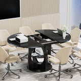Black Extendable Round Conference Room Table for 4-6, 43-59 Inch Oval Meeting Room Table with Storage, Wooden Circle Desk with Leaf, Space Saving, for Office, Conference Room, Boardroom, Seminar Xyulmeo
