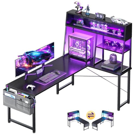 AODK L Shaped Gaming Desk with Led Lights, 59 Inch Reversible Gaming Computer Desk with Display Shelves, PC Gamer Desk Gamer Table with Storage Bag, L Desk for Game, Black AODK