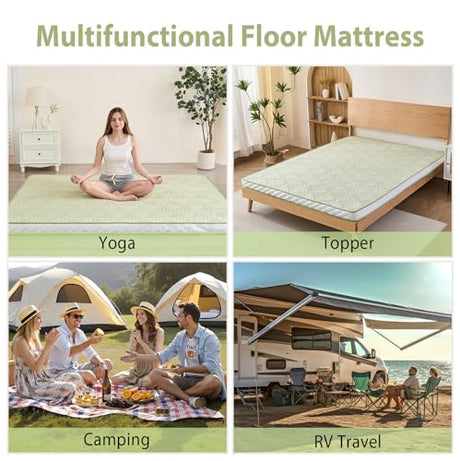 Zelladorra Japanese Floor Mattress, Quilted Futon Mattress with Anti-Slip Bottom, Foldable Floor Bed with Storage Bag and Straps, (Green, Queen) Zelladorra