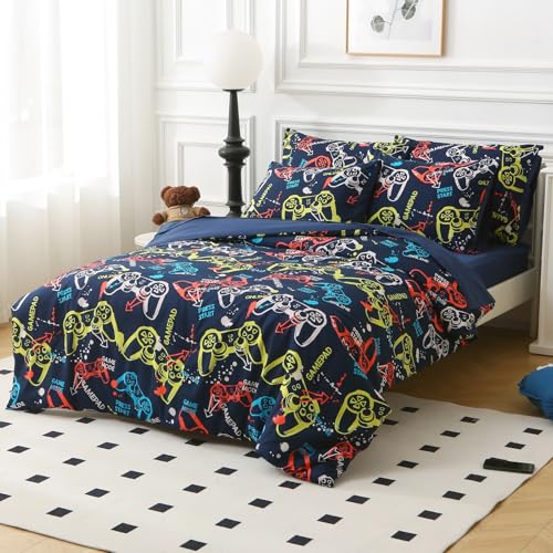 Aqzuxira Glow in The Dark Kids Comforter Set, 3 Pieces Gamepad Pattern Bedding Set Twin Size for Boys Girls Teen, 1 Comforter, 1 Pillowcase, 2 Pillow Shams Aqzuxira