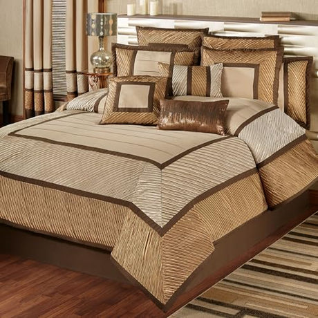 Touch of Class Delta Contemporary Oversized Luxury Bedding | Champagne Gold, Golden Bronze, Dark Bronze | Pleated Polyester Satin | Silky | 4 Piece Bed Set: King Comforter, Bedskirt, and 2 King Shams Touch of Class