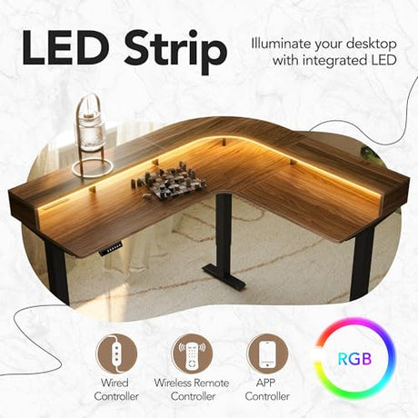 HUANUO Electric L Shaped Standing Desk with File Cabinet, 63" x 55" 2-Tier Height Adjustable Sit Stand up Desk with LED Strip, Power Outrlets & Cable Management Tray, Corner Computer Table, Walnut HUANUO