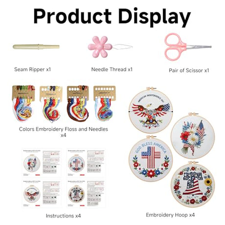 BBLYBD 4th of July Embroidery Kit, 4 Set Patriotic Cross Stitch Craft Kits for Beginners with Pre-Printed Embroidery Fabric, Hoops, Step-by-Step Instructions, Color Threads & Needles (Red White Blue) BBLYBD