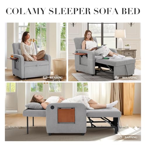 Convertible Sleeper Chair-Fabric Futon Sofa Bed, Single Sleeper Sofa, Small Couch Bed with USB Port, Foldable Table, Pillow, Adjustable Backrest for Dorm/Bedroom/College Lightgrey COLAMY
